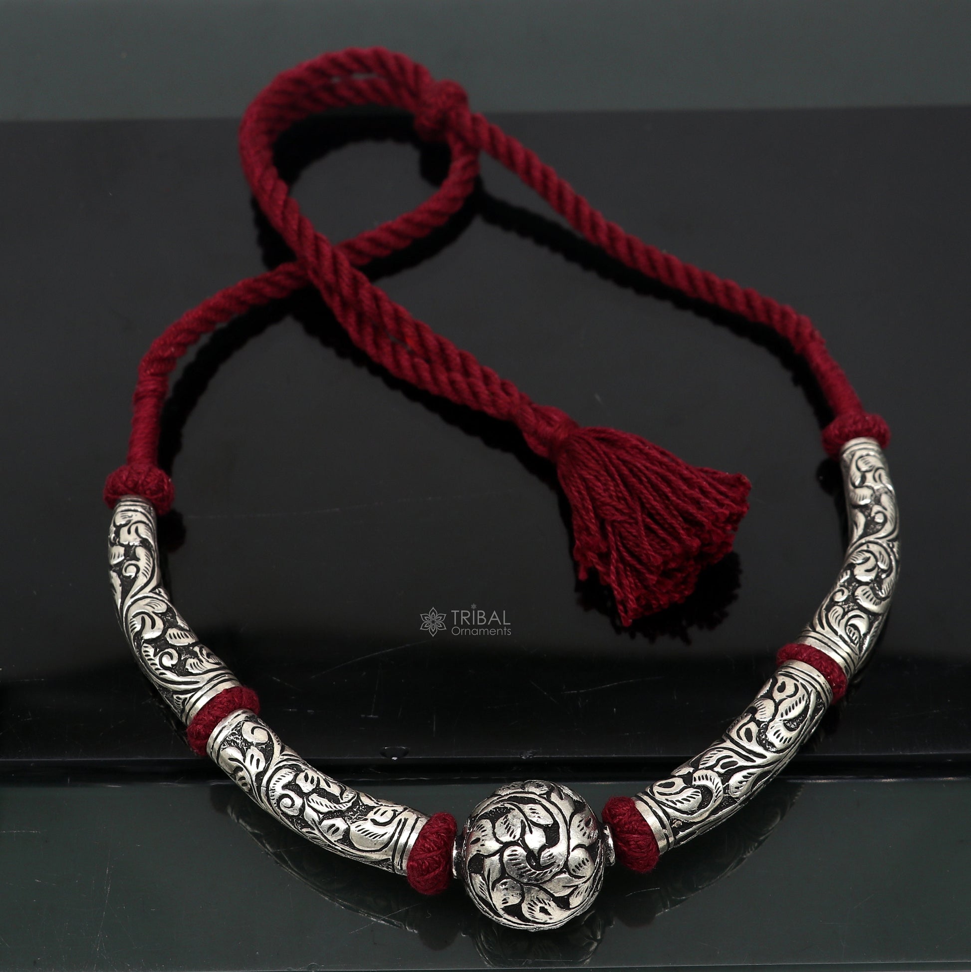 925 sterling silver beaded necklace with intricate tribal design, ideal for brides and ethnic wedding jewelry sets.
