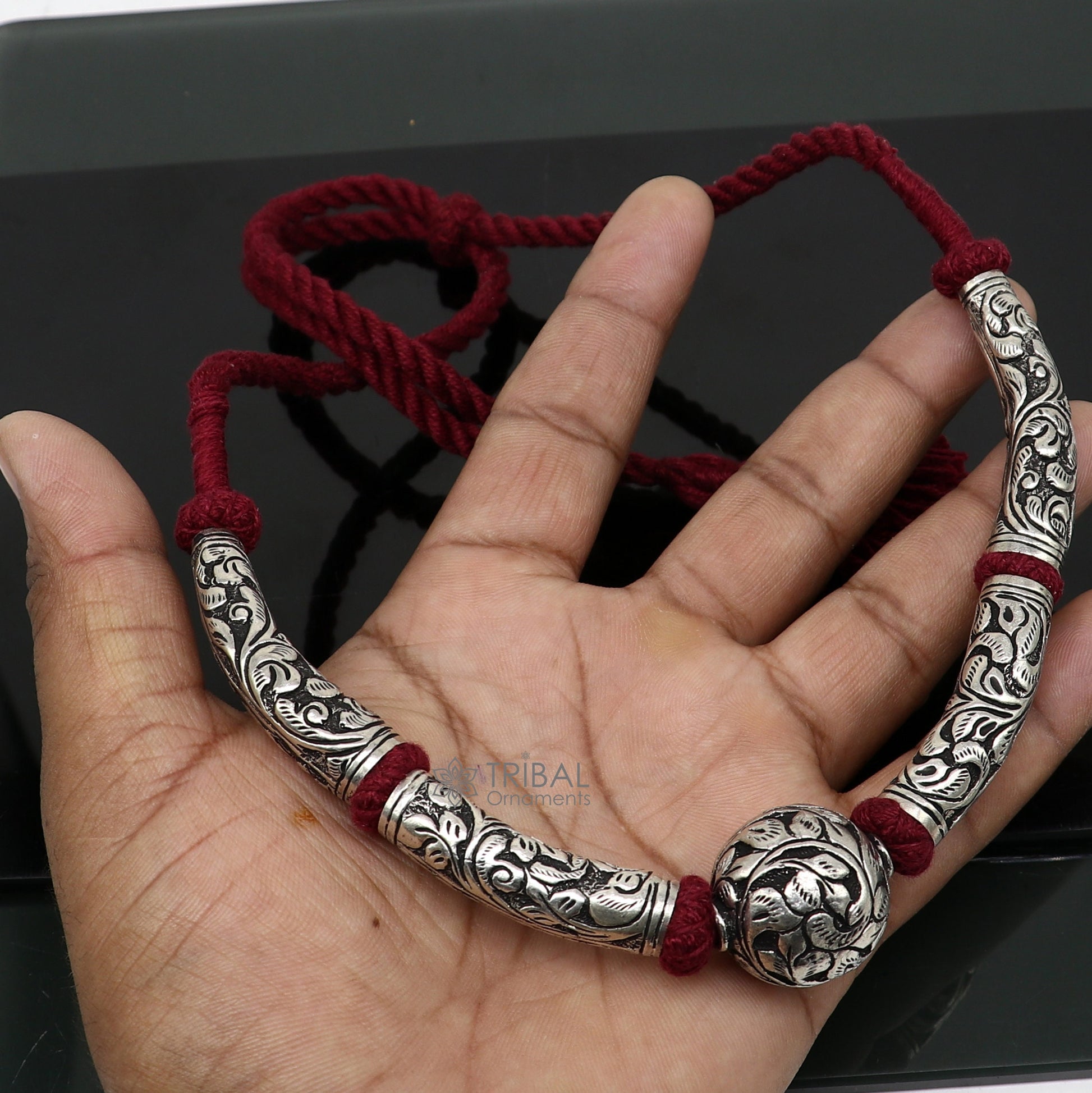 925 sterling silver beaded necklace with intricate tribal design, stylish ethnic choker ideal for weddings and bridal gifting