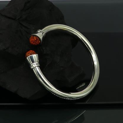 925 sterling silver bangle cuff with shiny Rudraksha beads, unisex jewelry design, flexible and elegant jewelry accessory