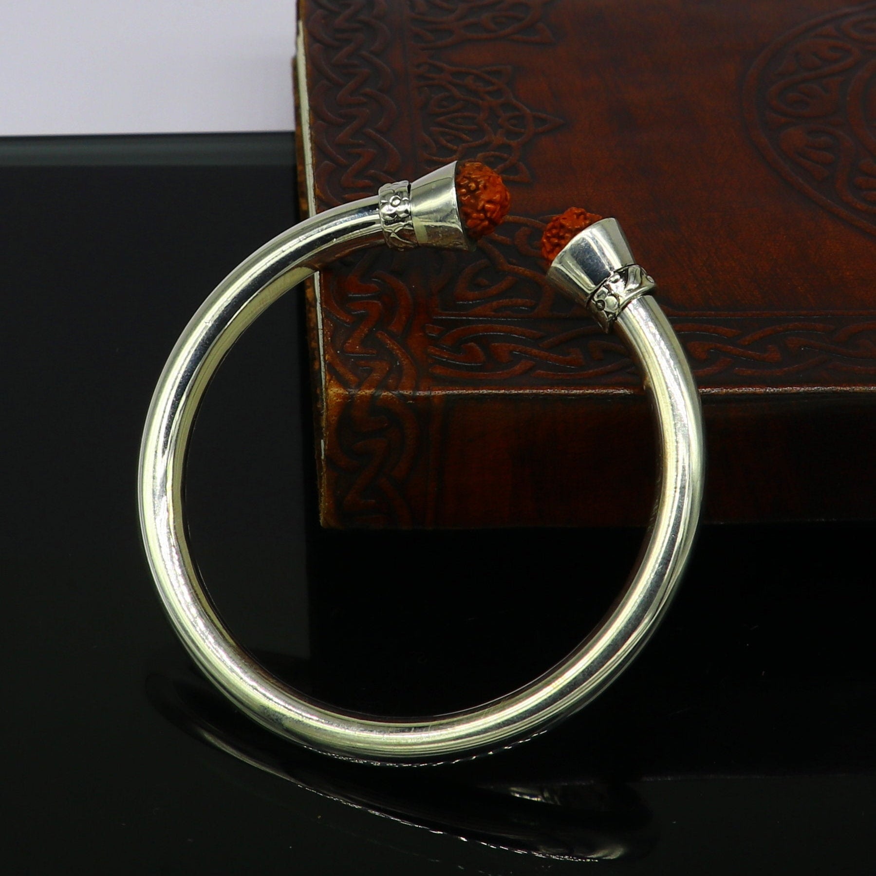 925 sterling silver flexible cuff bracelet, Plain shiny bright designer fancy bracelet with gorgeous rudraksha beads, best gifting nsk335 - TRIBAL ORNAMENTS