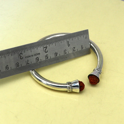 925 sterling silver Rudraksha beads bangle cuff bracelet, shiny, flexible, unisex jewelry with designer craftsmanship.