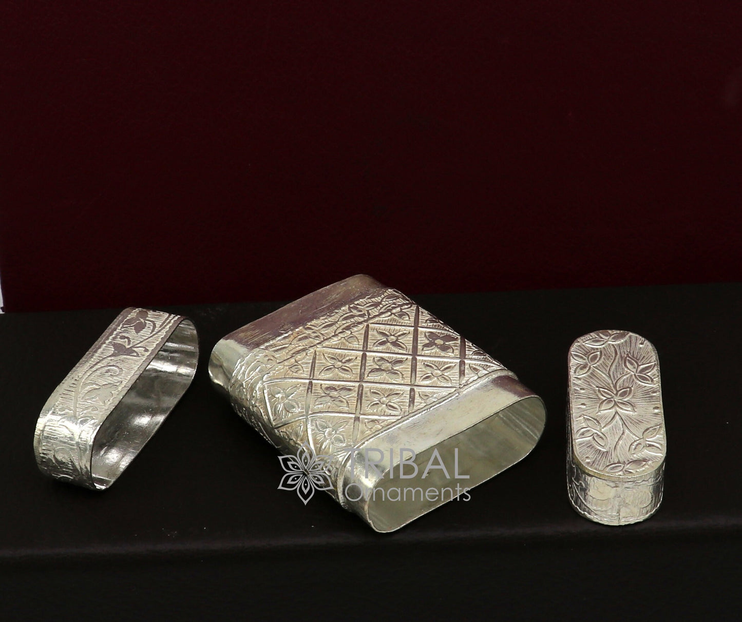 925 sterling silver floral design 2-in-1 royal trinket and tobacco box by Tribal Ornaments, intricate floral pattern in silver.