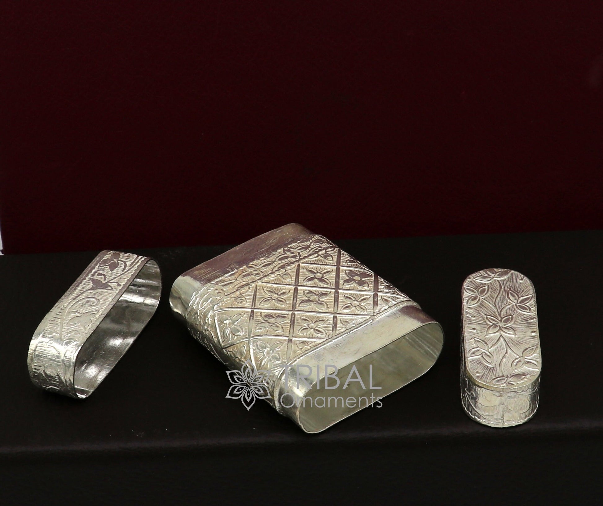 925 sterling silver floral design 2-in-1 royal trinket and tobacco box by Tribal Ornaments, intricate floral pattern in silver.