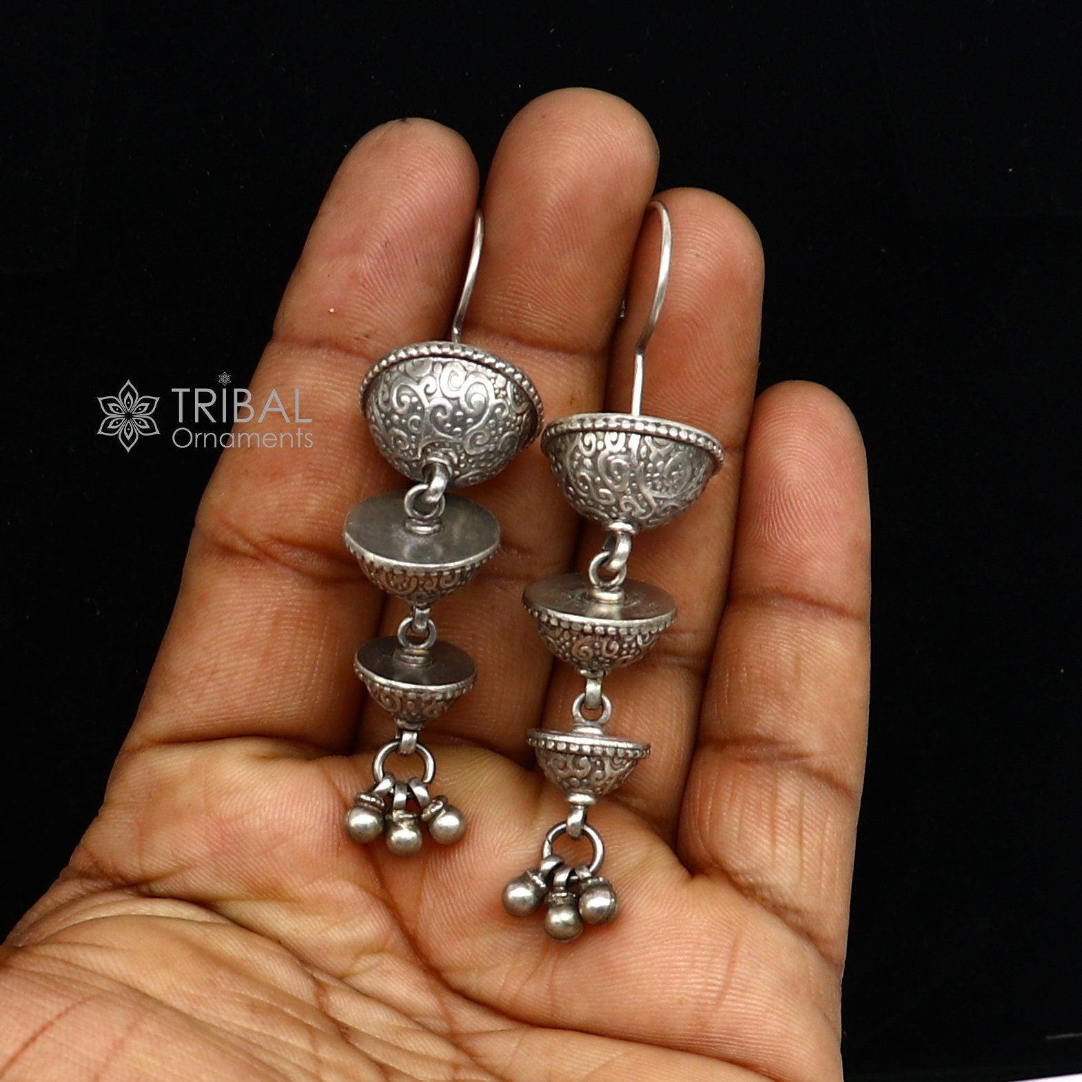 925 sterling silver handmade floral design drop dangle long light weight fancy girl's earring brides jewelry from india S1252 - TRIBAL ORNAMENTS