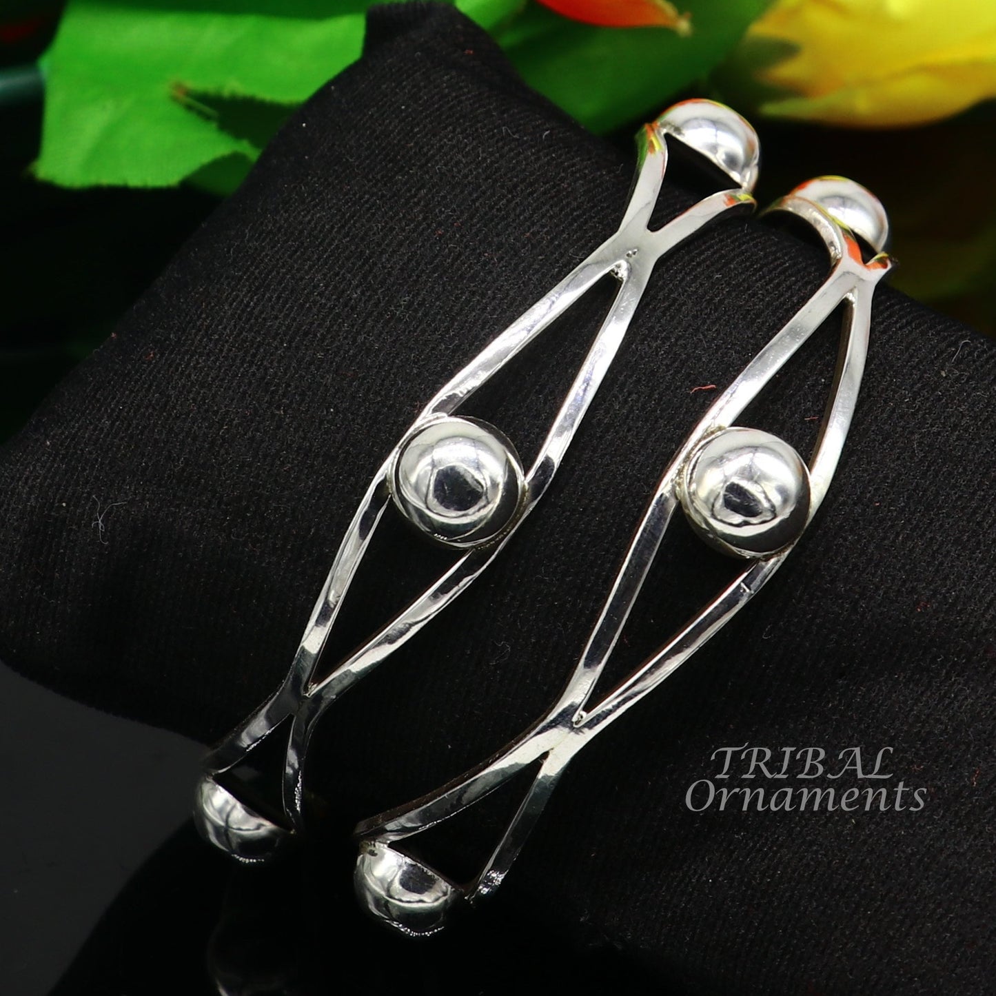 925 sterling silver ball design bangle bracelet by TRIBAL ORNAMENTS, featuring floral patterns, handcrafted wedding jewelry for brides.