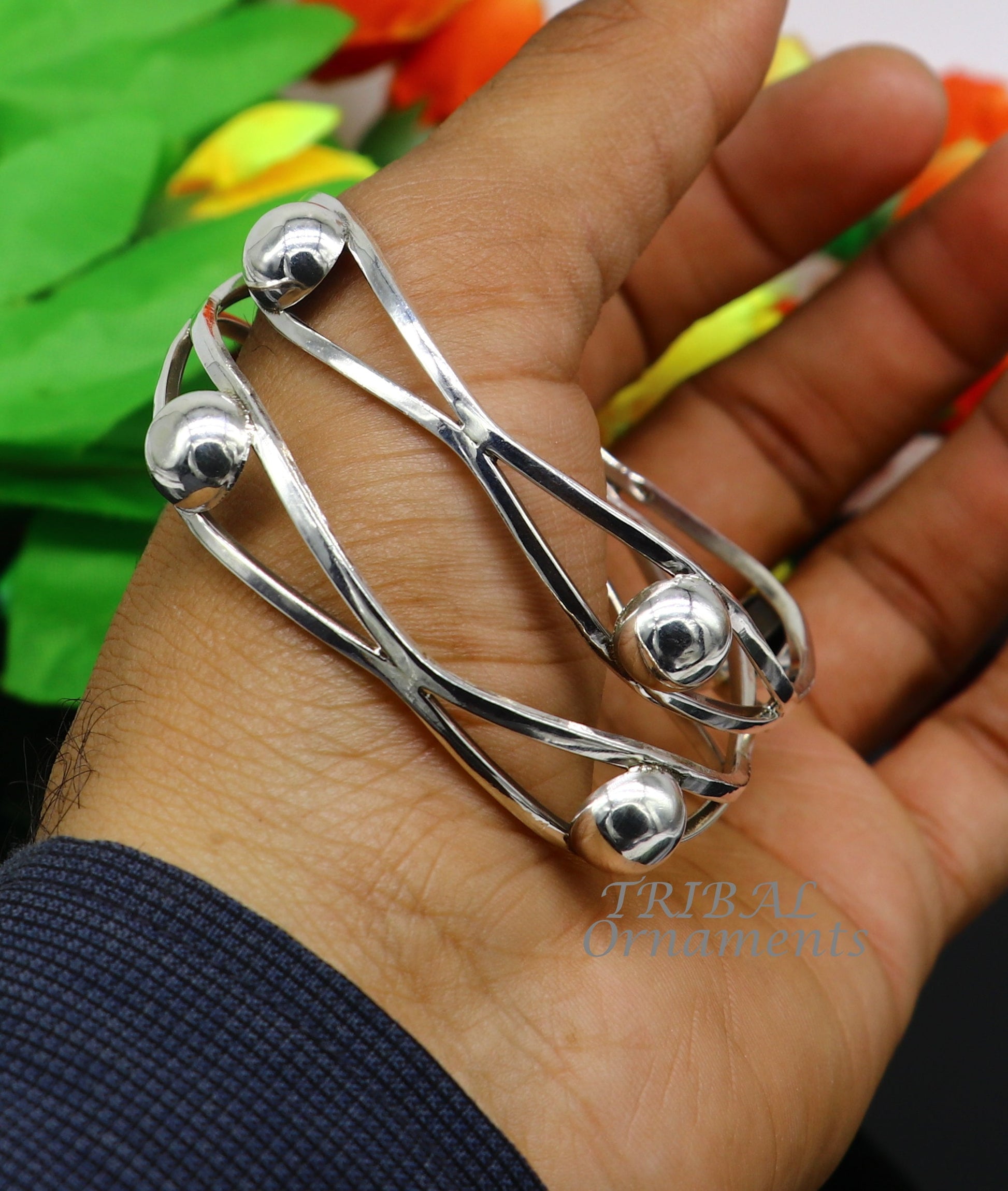 925 sterling silver bangle bracelet with ball and flower design, handmade wedding jewelry from Tribal Ornaments, best brides collection