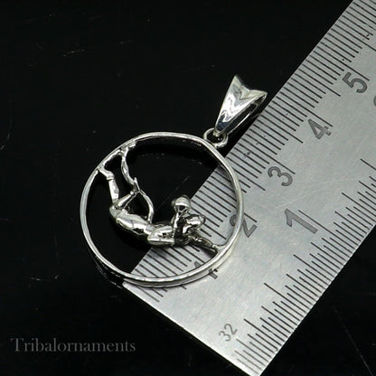 925 sterling silver Lord Hanuman pendant featuring flying Hindu god design, unisex jewelry, tribal ornament style.