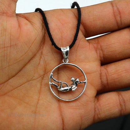 925 sterling silver flying Lord Hanuman pendant featuring Bajarangbali sitting, unisex Hindu jewelry by Tribal Ornaments.
