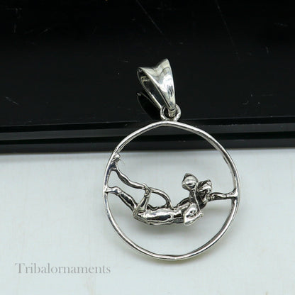 925 sterling silver flying Lord Hanuman pendant featuring Hindu god Bajarangbali, unisex jewelry gift from Tribal Ornaments.