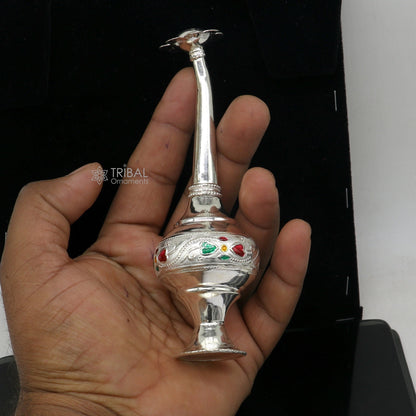 925 sterling silver Gangajal spray bottle with royal design, used as a perfume or puja utensil by TRIBAL ORNAMENTS.