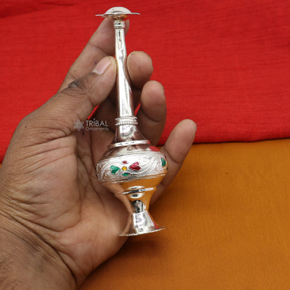 925 sterling silver Gangajal spray bottle with royal style design, silver perfume bottle, puja utensil, handcrafted by Tribal Ornaments.