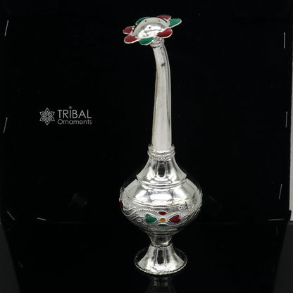 925 sterling silver Gangajal spray bottle with royal style design, used as perfume bottle and puja utensil by TRIBAL ORNAMENTS.