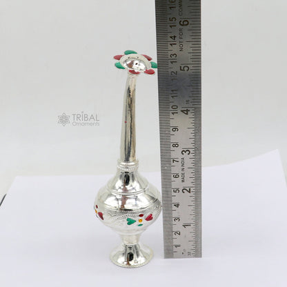 925 sterling silver Gangajal spray bottle by Tribal Ornaments, royal-style silver perfume and puja utensil for religious rituals.