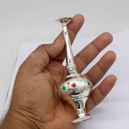 925 sterling silver Gangajal spray bottle by TRIBAL ORNAMENTS, royal-style perfume and puja utensil for spiritual rituals.