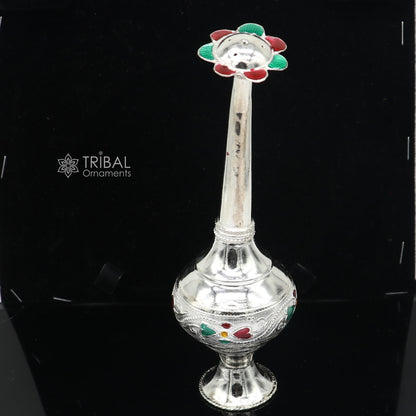 925 sterling silver Gangajal spray bottle with royal style design, used as perfume and puja utensil, by TRIBAL ORNAMENTS.