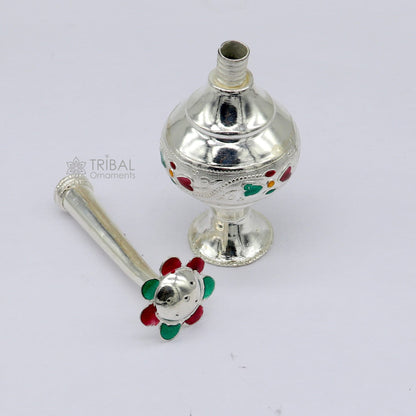925 sterling silver Gangajal spray bottle with intricate royal style design, ideal for puja utensils or as a traditional gift