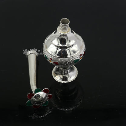 925 sterling silver Gangajal spray bottle with royal style design, used as a perfume or puja utensil, by TRIBAL ORNAMENTS.