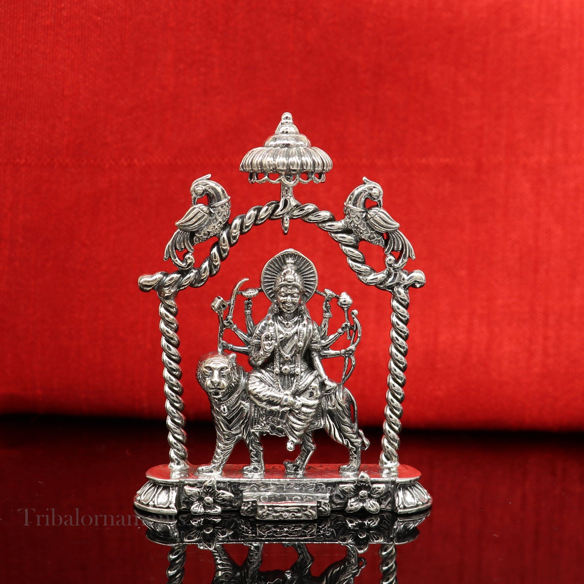 925 Sterling silver Goddess Amba/Bhawani, Durga, Santoshi maa, Pooja Articles, handcrafted statue sculpture amazing puja article art176 - TRIBAL ORNAMENTS