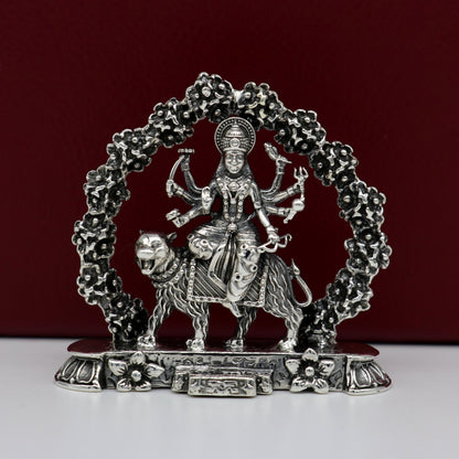 Handcrafted 925 Sterling silver Goddess Bhawani Maa idol sculpture for Pooja, Indian silver goddess statue, elegant gifting art piece.