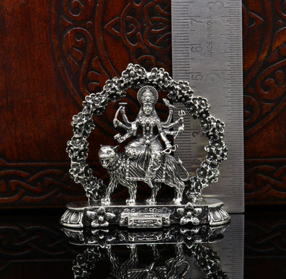 925 Sterling silver Goddess Bhawani Maa statue, handcrafted Indian silver idol for pooja and spiritual gifting, detailed sculpture.