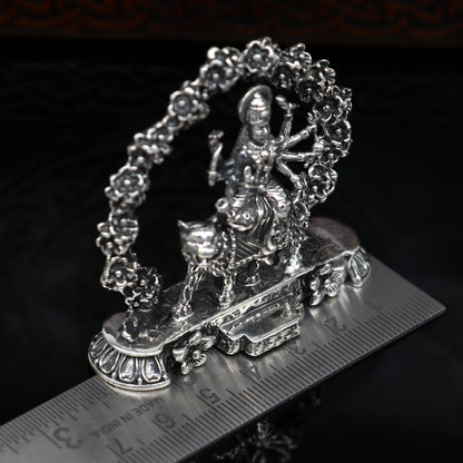 Handcrafted 925 Sterling silver Goddess Bhawani Maa idol, Indian silver Mataji sculpture, traditional Pooja article, tribal ornament design