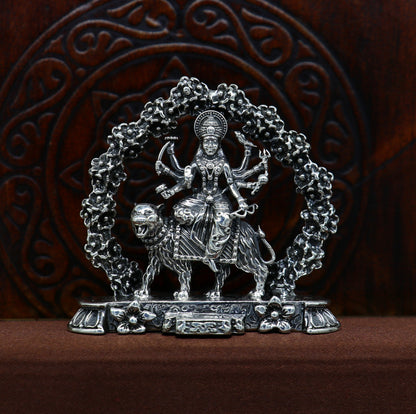 Handcrafted 925 sterling silver Goddess Bhawani Maa sculpture, Indian deity idol for pooja and spiritual gifting by TRIBAL ORNAMENTS.