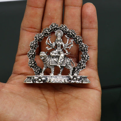 Handcrafted 925 Sterling silver Goddess Bhawani Maa idol, Indian silver Mataji statue for pooja and spiritual gifting.