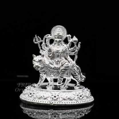 Sterling silver Goddess Durga Vaishno Devi Maa figurine for home temple puja, detailed sculpture, spiritual gift from Tribal Ornaments