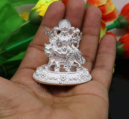 925 Sterling silver Goddess Durga Vaishno Devi Maa Pooja statue figurine for home temple puja, detailed silver sculpture by Tribal Ornaments