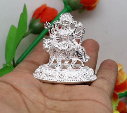925 Sterling silver Goddess Durga and Vaishno Devi Maa Pooja statue figurine for home temple and puja rituals, handcrafted sculpture.