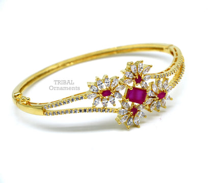 Sterling silver gold-polished cuff bracelet with cubic zirconia stones, handcrafted tribal jewelry perfect for girls.