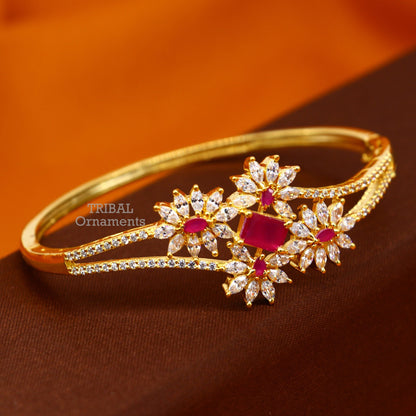 Sterling silver gold-polished cubic zirconia cuff bracelet by TRIBAL ORNAMENTS, featuring an elegant handcrafted design for girls.