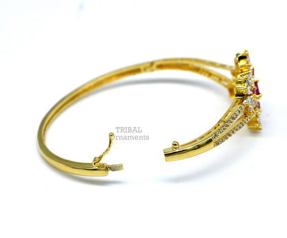 Sterling silver gold-polished cuff bracelet with cubic zirconia stones, designed for girls, by TRIBAL ORNAMENTS.