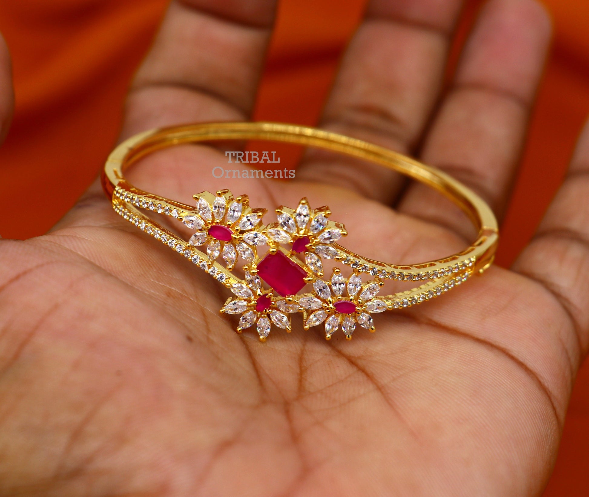 925 sterling silver gold polished handmade amazing cubic zircon stone cuff bangle bracelet kada customized girl's jewelry cuff83 - TRIBAL ORNAMENTS