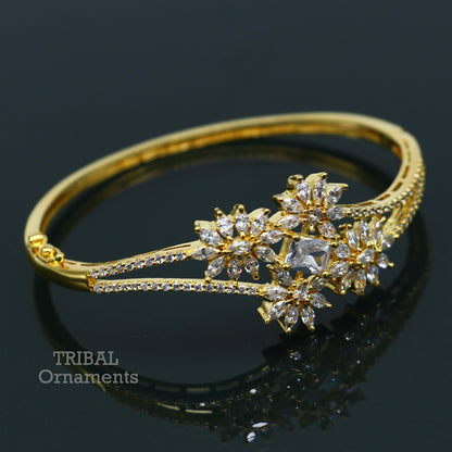 Sterling silver gold-polished cubic zirconia cuff bracelet for girls, handmade jewelry by TRIBAL ORNAMENTS featuring a stylish kada design.