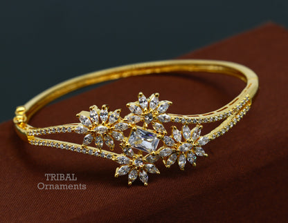 925 sterling silver gold-polished cubic zircon stone cuff bangle bracelet, handmade jewelry for girls from TRIBAL ORNAMENTS.