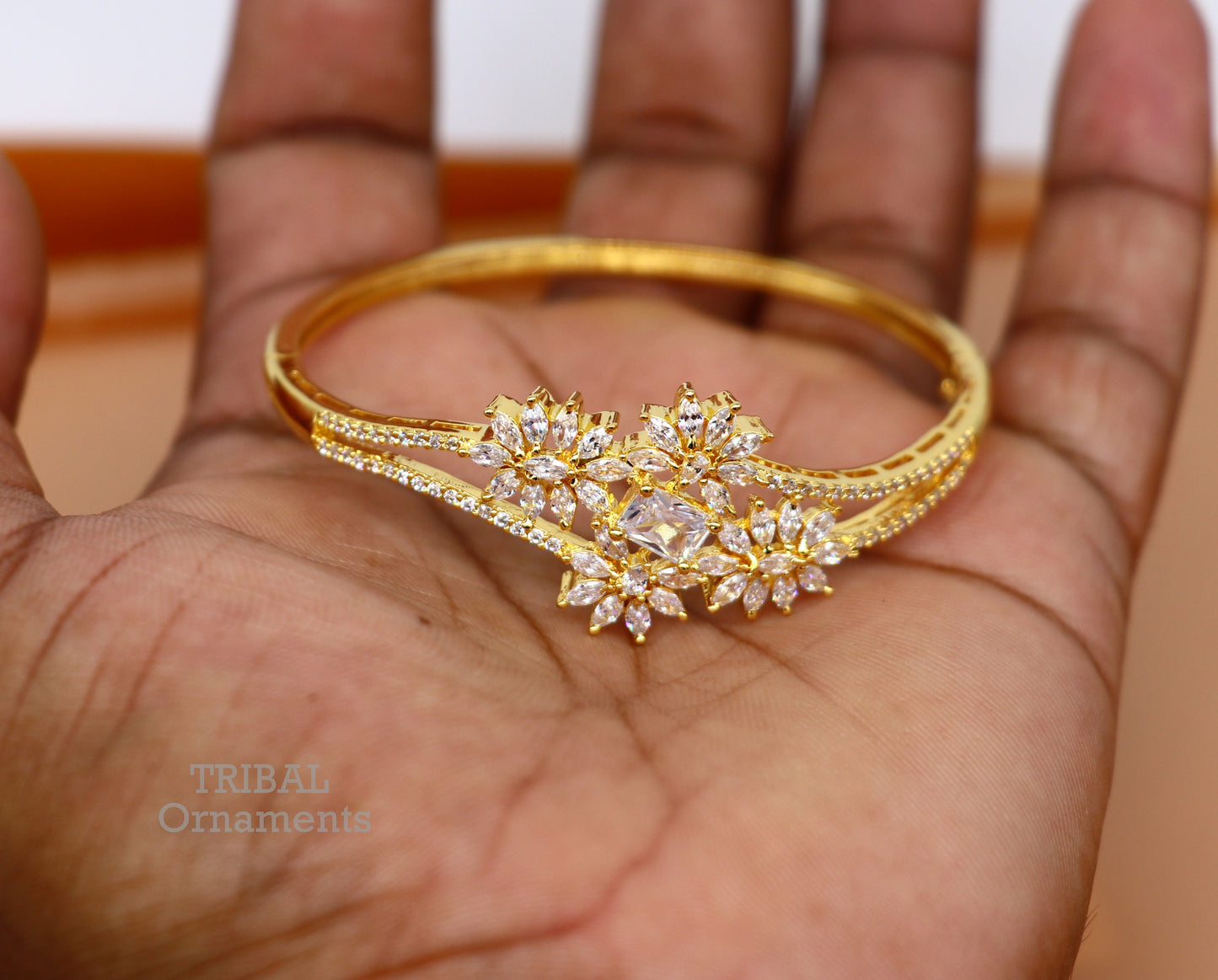 925 sterling silver gold polished handmade amazing cubic zircon stone cuff bangle bracelet kada customized girl's jewelry cuff84 - TRIBAL ORNAMENTS