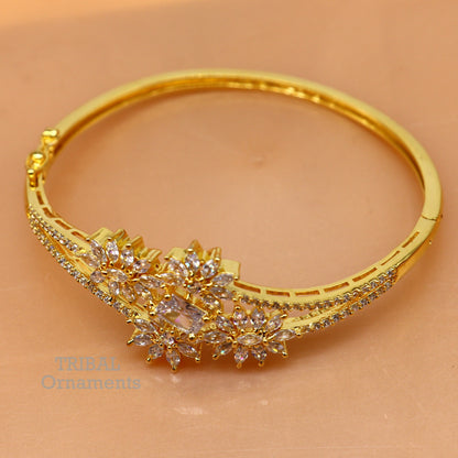 925 sterling silver gold-polished cubic zircon stone cuff bracelet by Tribal Ornaments, featuring a handmade, customized girl’s jewelry bangle.