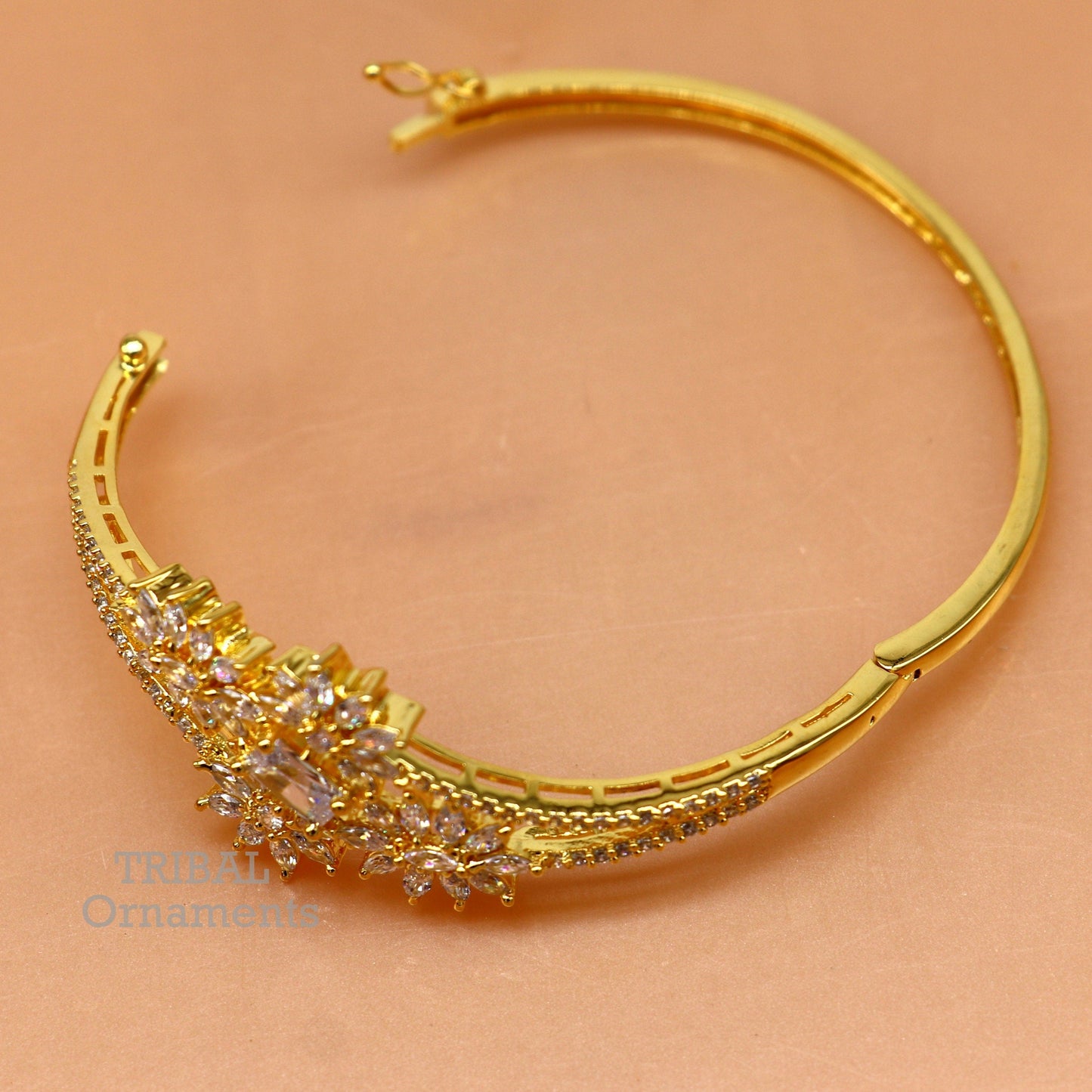 925 sterling silver gold polished handmade amazing cubic zircon stone cuff bangle bracelet kada customized girl's jewelry cuff84 - TRIBAL ORNAMENTS