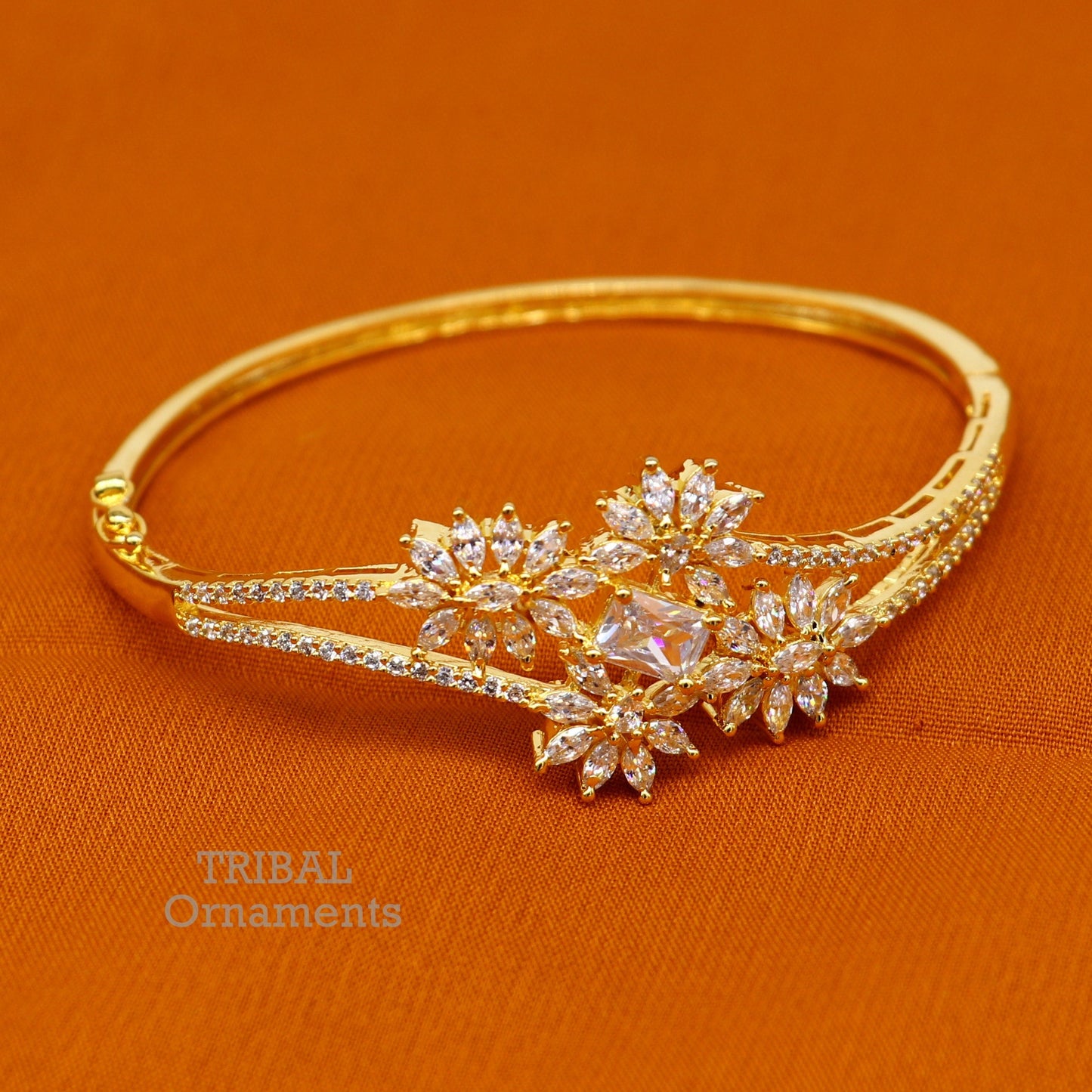 925 sterling silver gold polished handmade amazing cubic zircon stone cuff bangle bracelet kada customized girl's jewelry cuff84 - TRIBAL ORNAMENTS