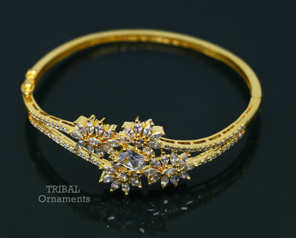 Sterling silver gold-polished cubic zirconia cuff bangle bracelet, handcrafted girl’s jewelry by TRIBAL ORNAMENTS.