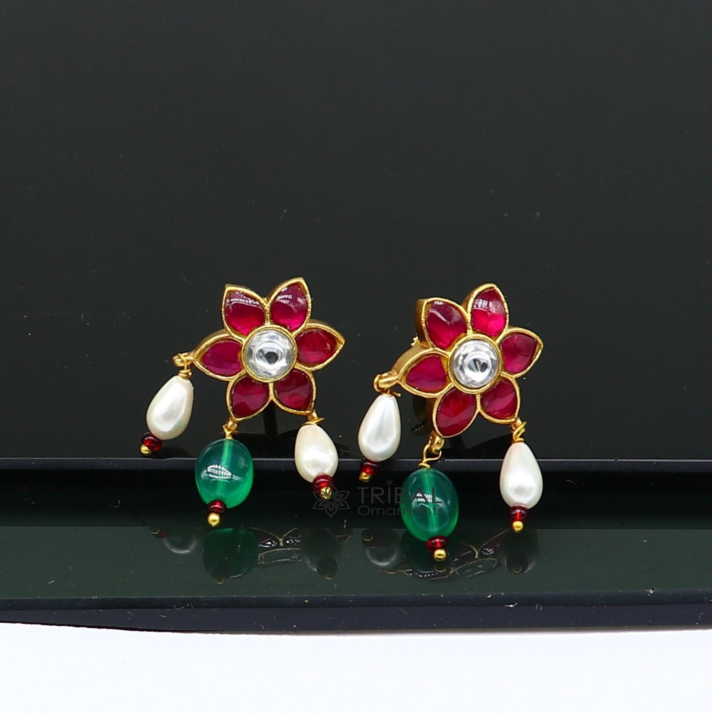 925 silver gold-polished handmade Kundan flower-shaped stud earrings with green and red stones, trendy jewelry by TRIBAL ORNAMENTS