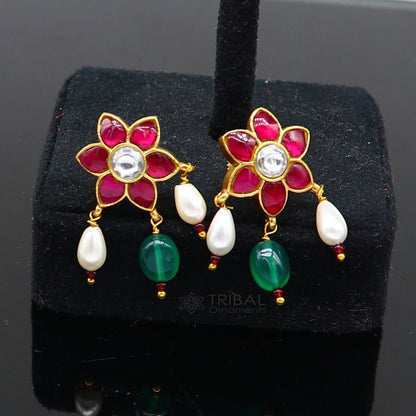 925 sterling silver gold-polished handmade kundan flower-shaped stud earrings with green and red stones, modern trendy jewelry.