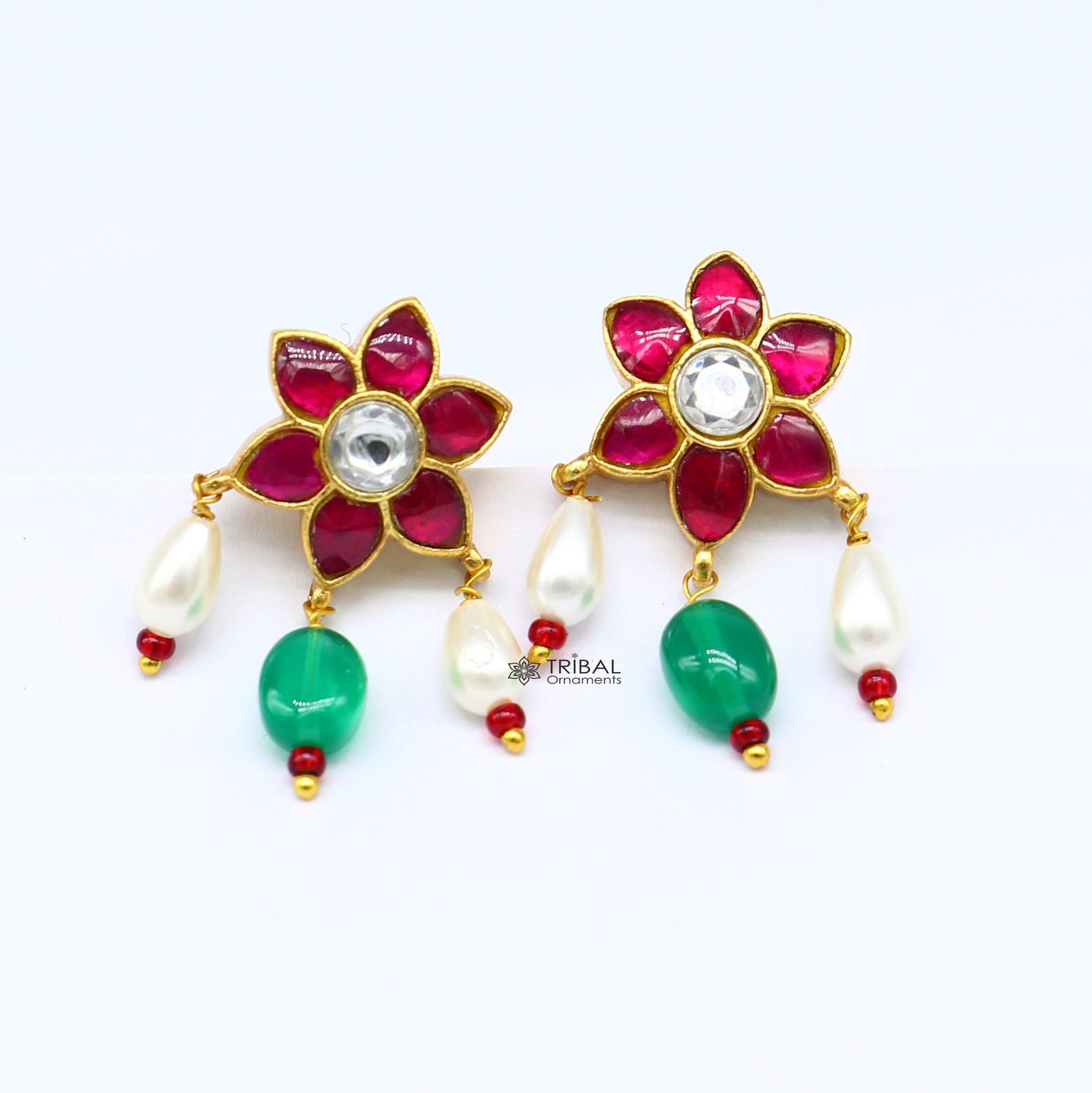 Sterling silver gold-polished Kundan flower-shaped stud earrings with green and red stones, trendy handmade jewelry.