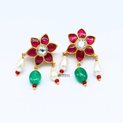 Sterling silver gold-polished Kundan flower-shaped stud earrings with green and red stones, trendy handmade jewelry.