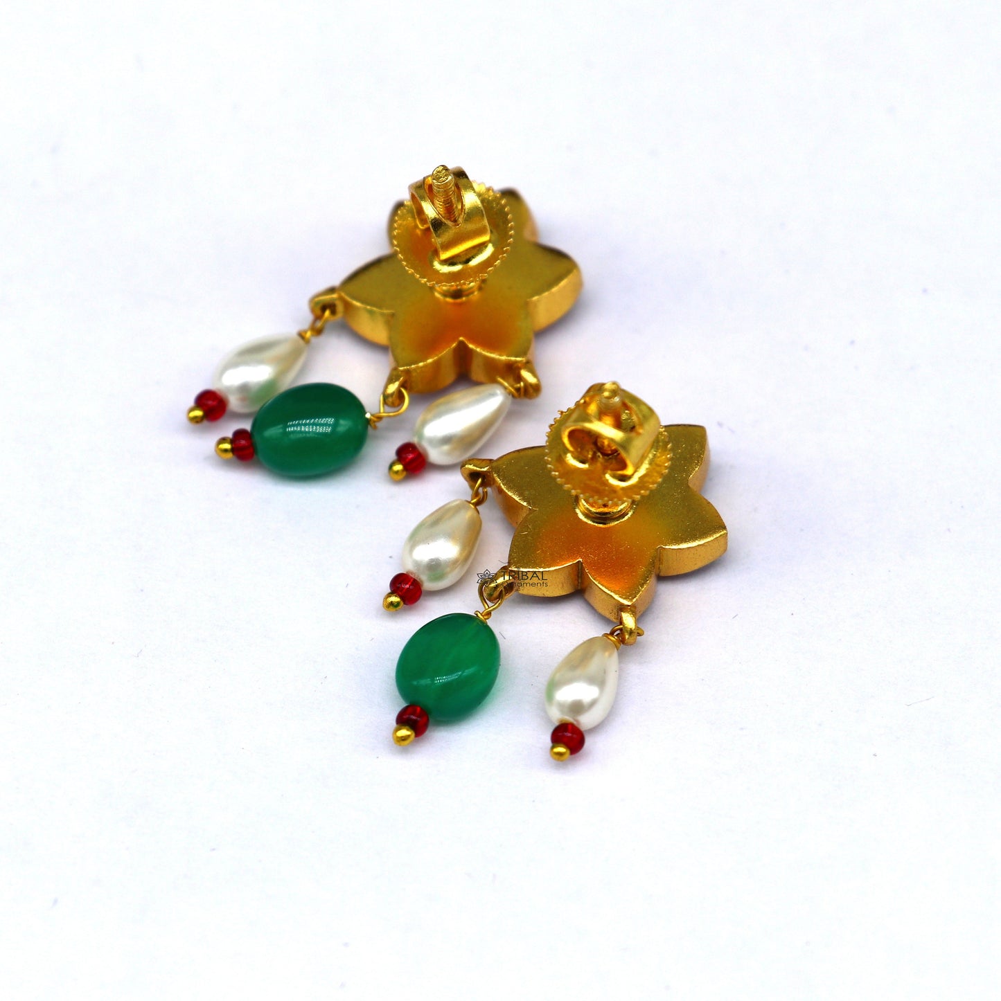 Sterling silver gold-polished kundan work flower-shaped stud earrings with green and red stones, modern trendy jewelry by TRIBAL ORNAMENTS