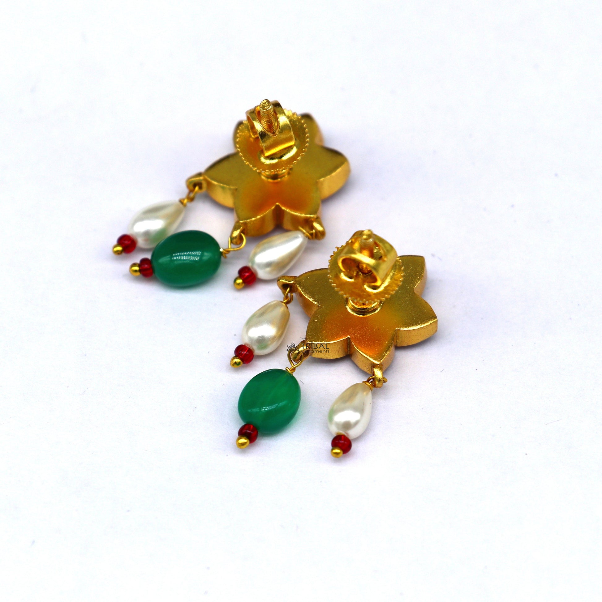 Sterling silver gold-polished kundan work flower-shaped stud earrings with green and red stones, modern trendy jewelry by TRIBAL ORNAMENTS