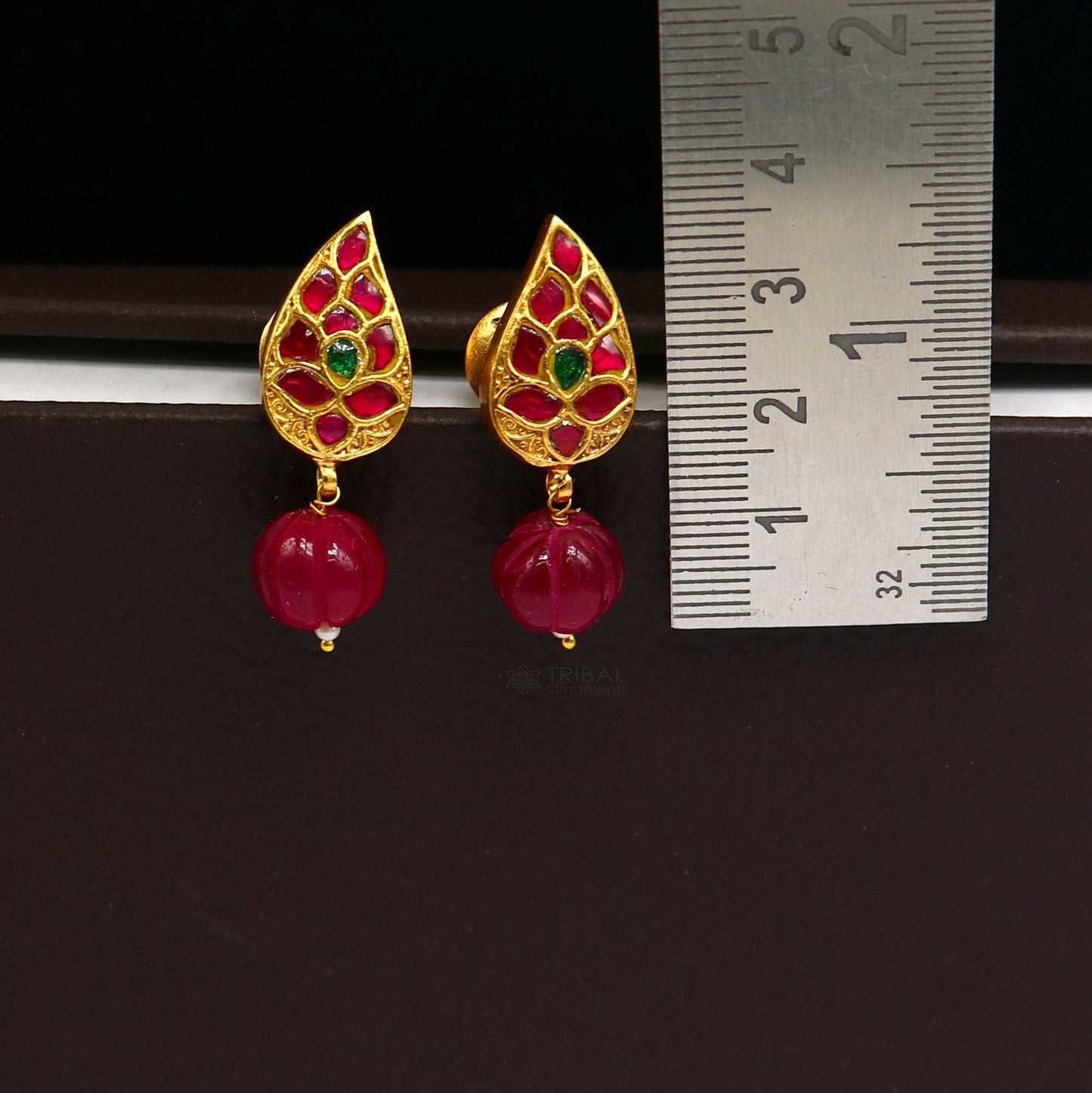 Sterling silver gold-polished kundan flower-shaped stud earrings with green and red stones, modern trendy jewelry by Tribal Ornaments