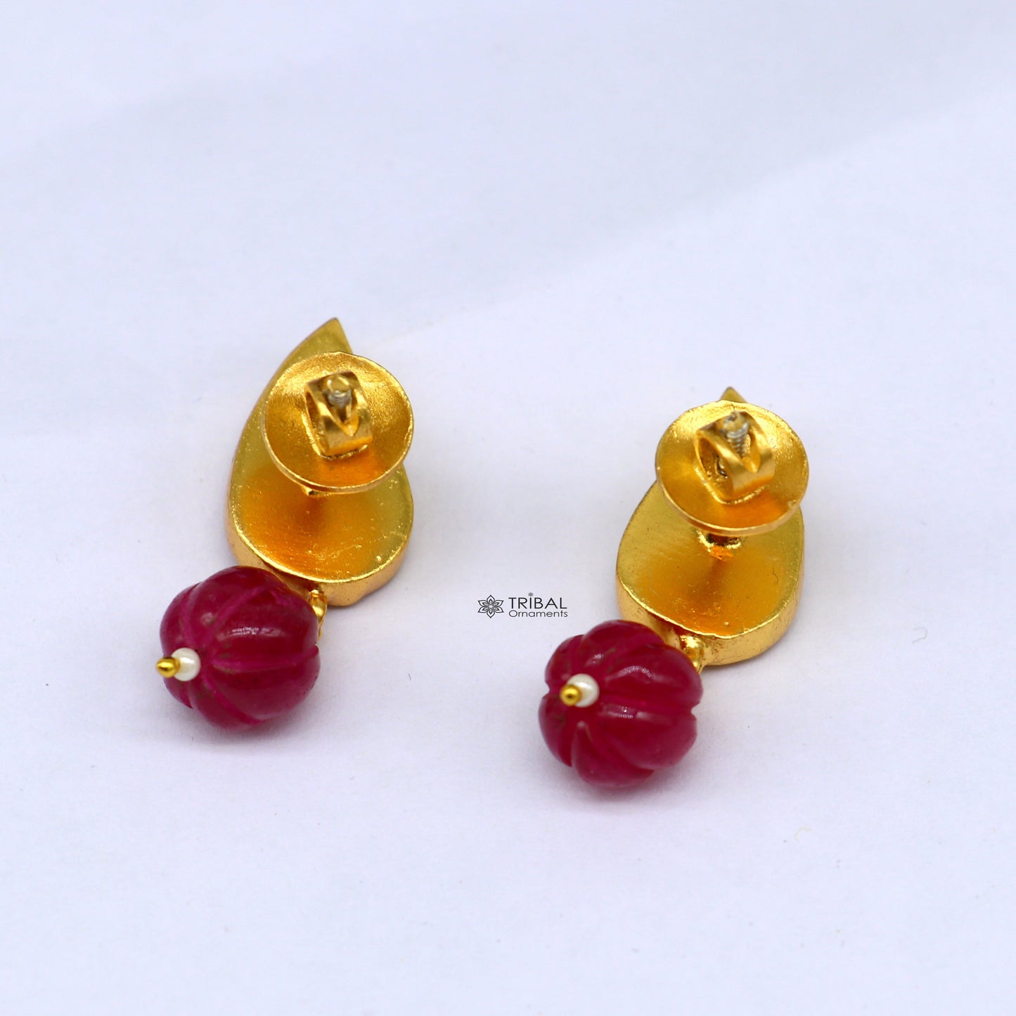925 sterling silver gold polished kundan work flower-shaped stud earrings with green and red stones, modern trendy jewelry by Tribal Ornaments