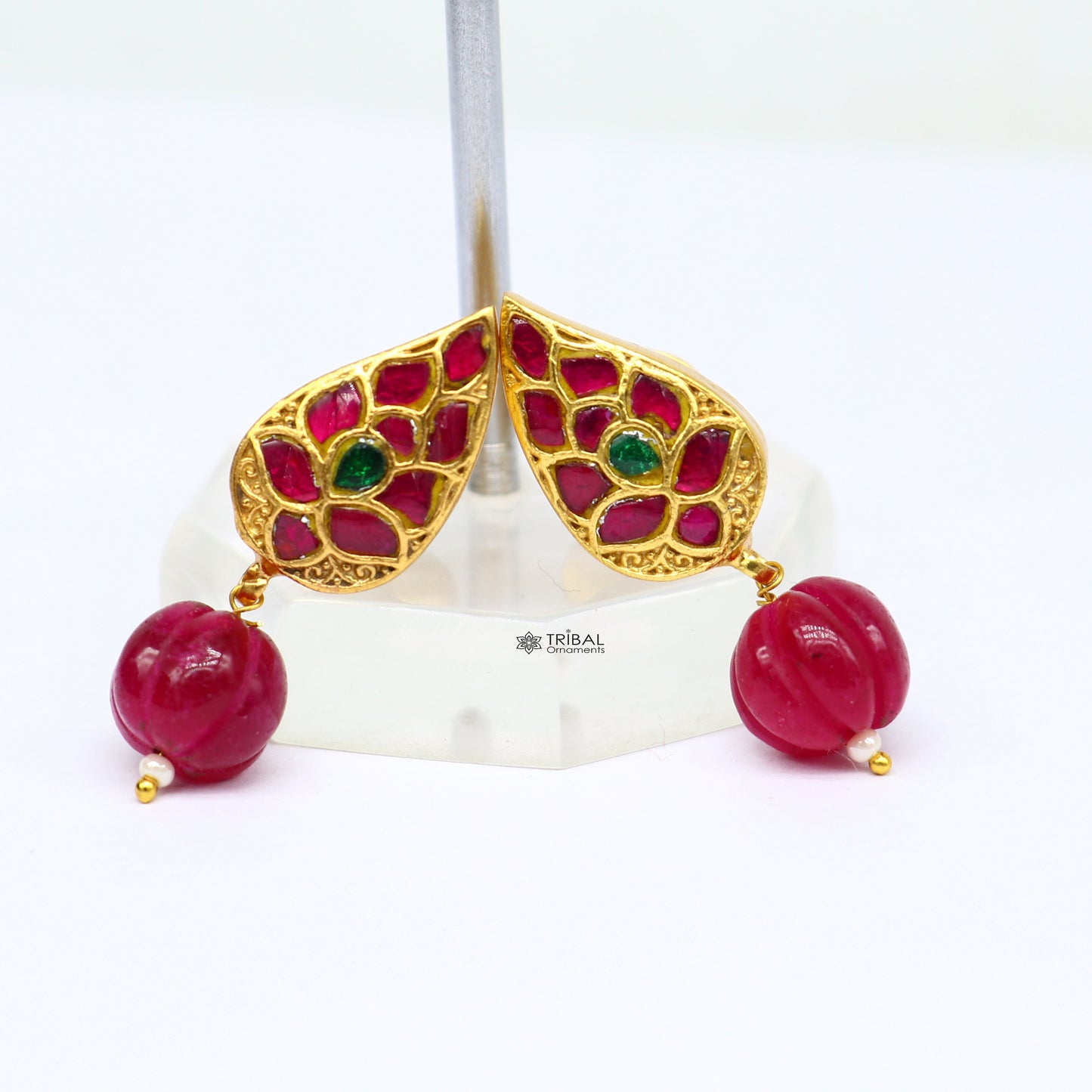 Sterling silver gold-polished kundan flower-shaped stud earrings with green and red stones, trendy tribal jewelry by Tribal Ornaments.